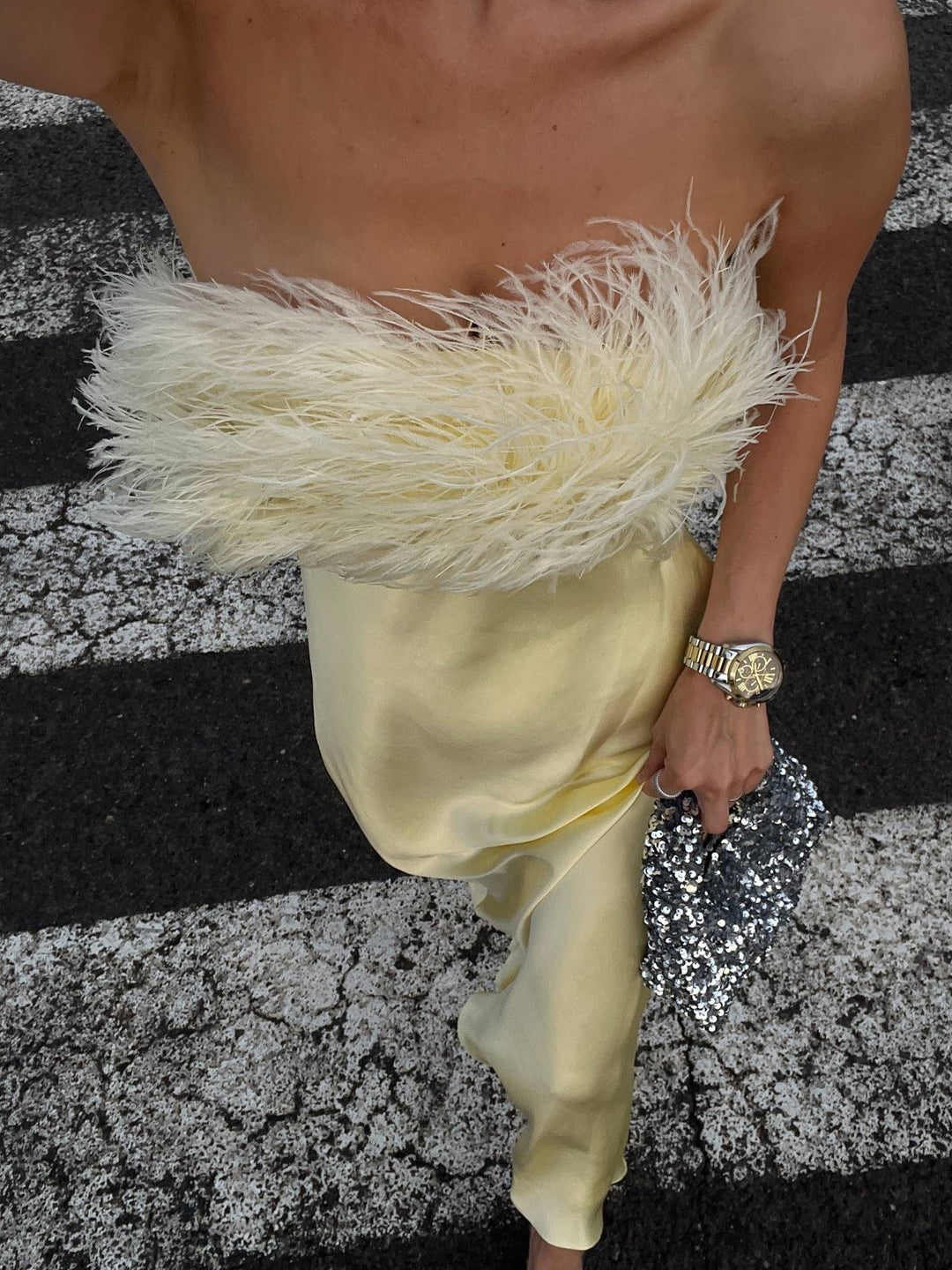 Light Luxury Feather Tube Top Maxi Dress