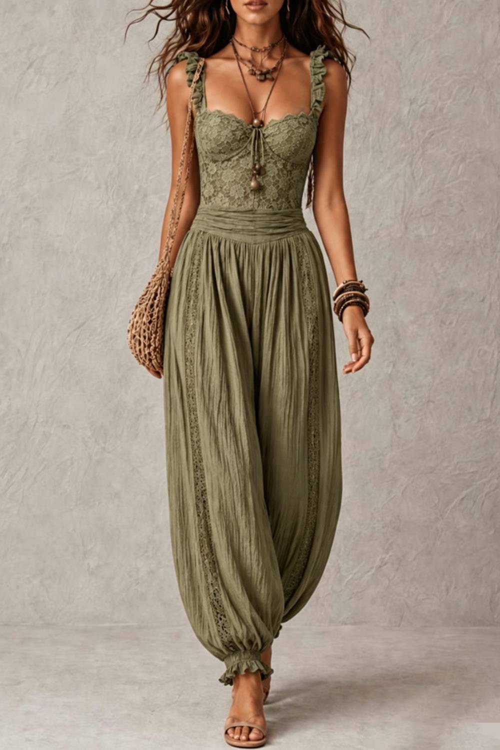 Boho Lace Ruffle Strap Drawstring Waist Harem Jumpsuit