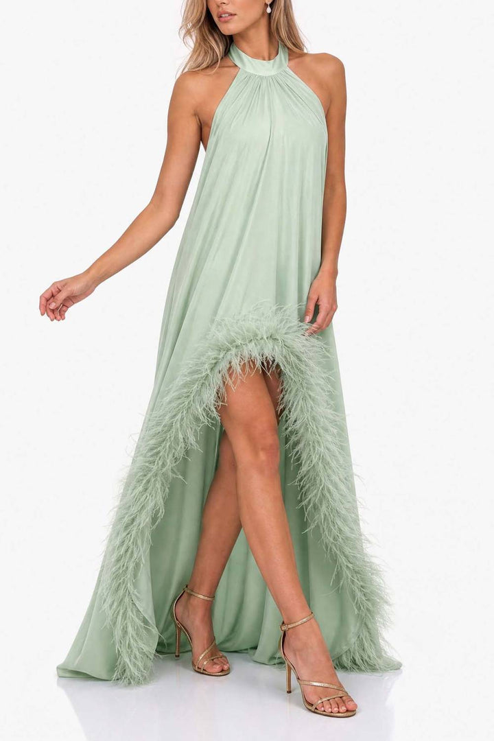 Halter-neck Feather-trimmed High-slit Long Evening Gown