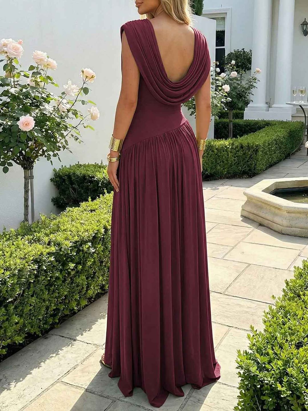 Elegant Green Draped Ruched High Slit Party Maxi Dress