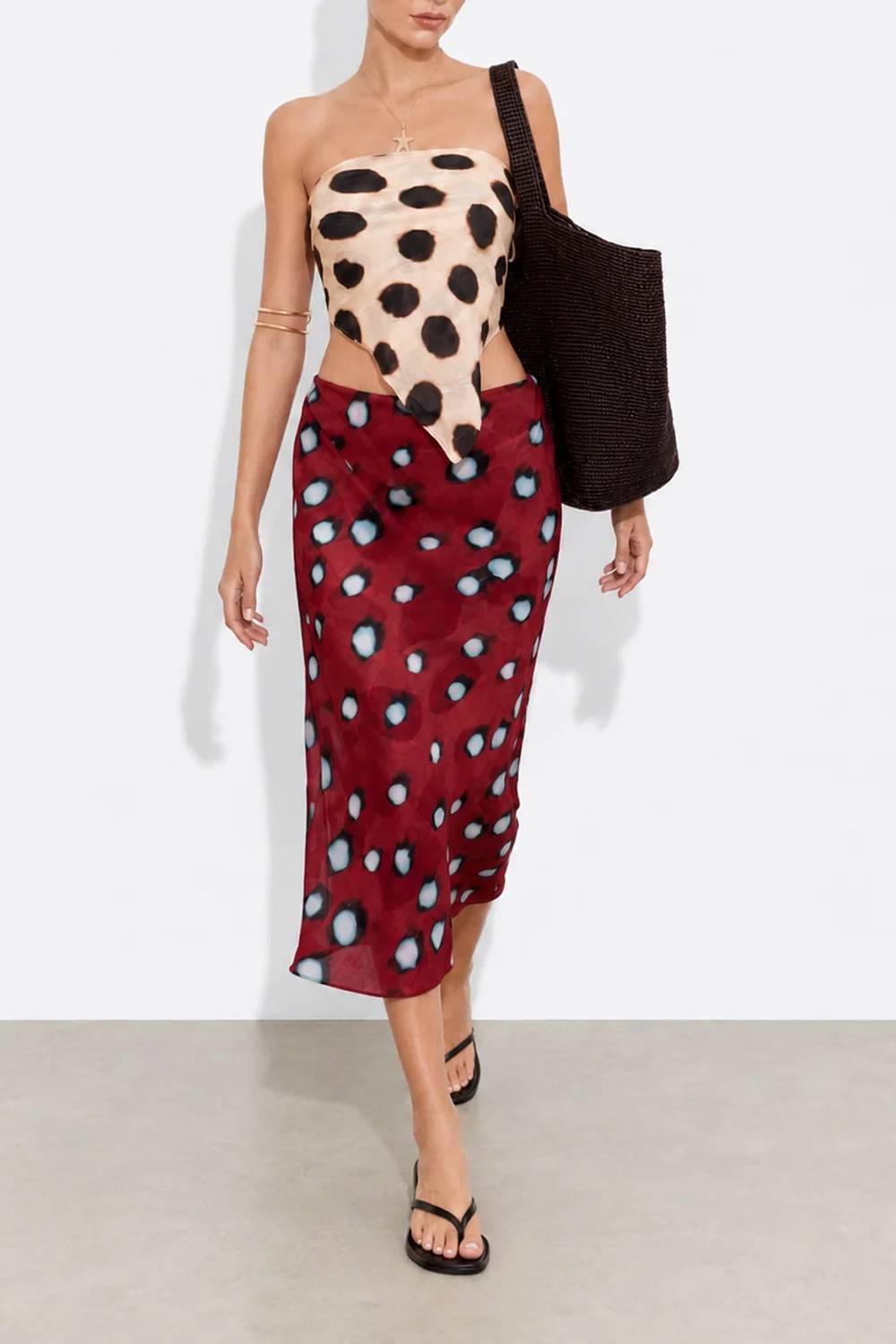Color‑Block Polka Dot Wrap Tie Waist Midi Skirt