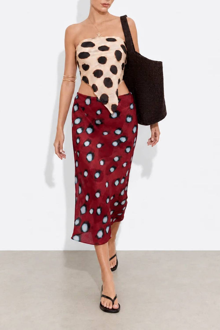 Color‑Block Polka Dot Wrap Tie Waist Midi Skirt