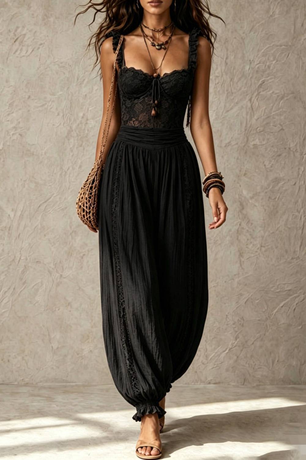 Boho Lace Ruffle Strap Drawstring Waist Harem Jumpsuit