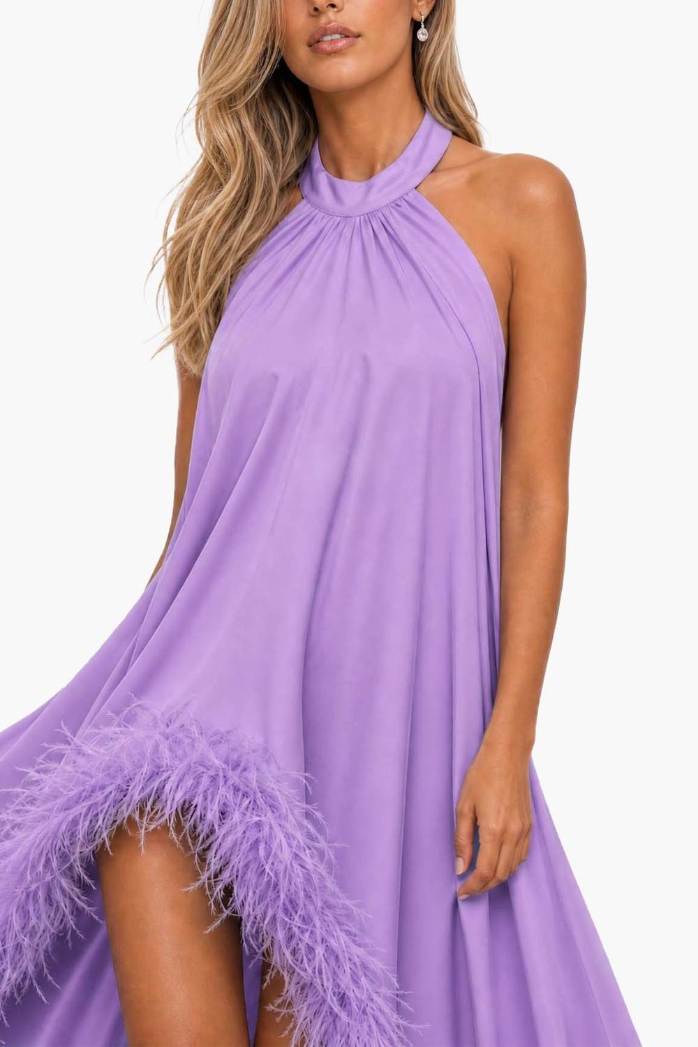 Halter-neck Feather-trimmed High-slit Long Evening Gown