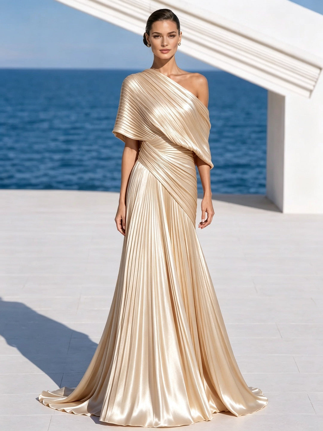 Vibrant Orange One-Shoulder Pleated Maxi Dress – Grecian Gown