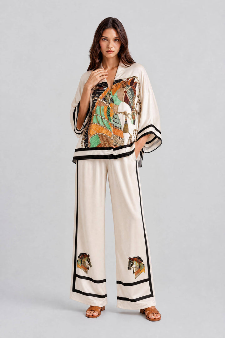 V-Neck Horse Pattern Satin Suit Pants Two-Piece Set