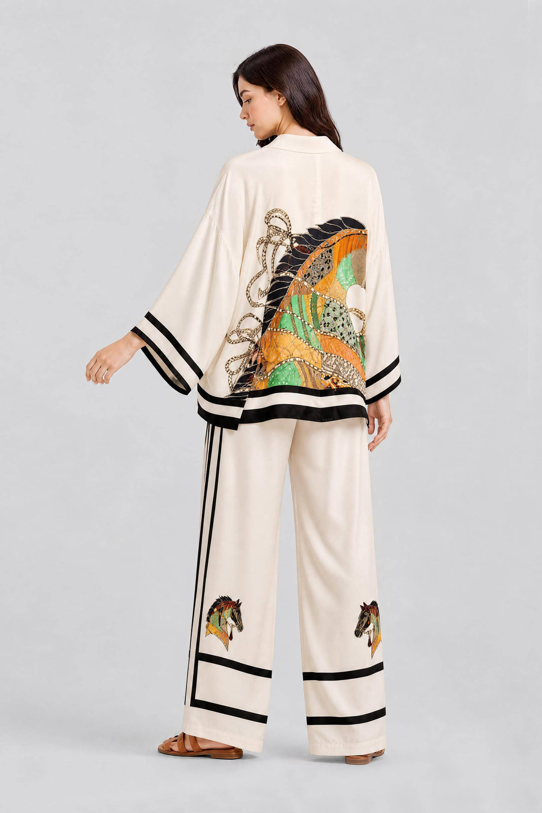 V-Neck Horse Pattern Satin Suit Pants Two-Piece Set