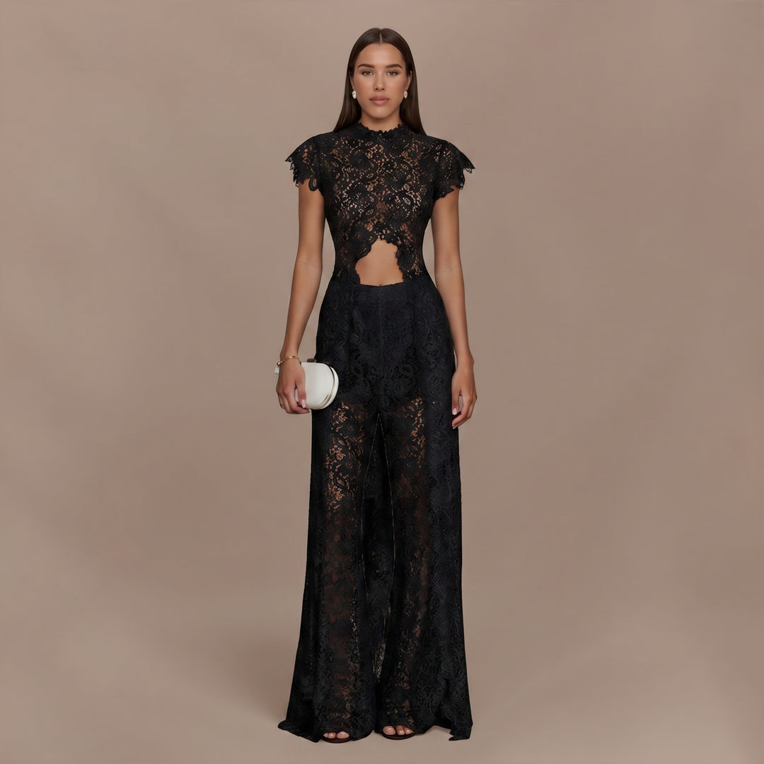 Lace Long-sleeved Top And Wide-leg Pants Set