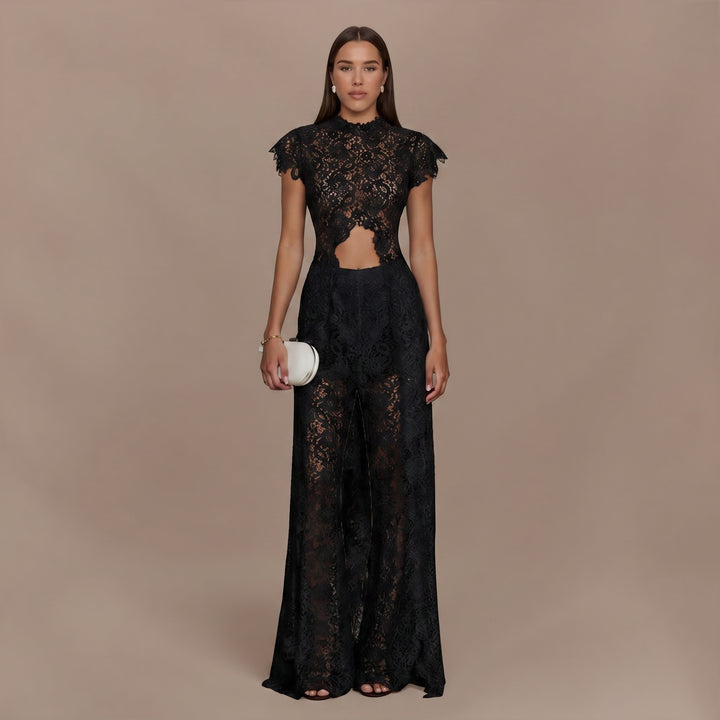 Lace Long-sleeved Top And Wide-leg Pants Set