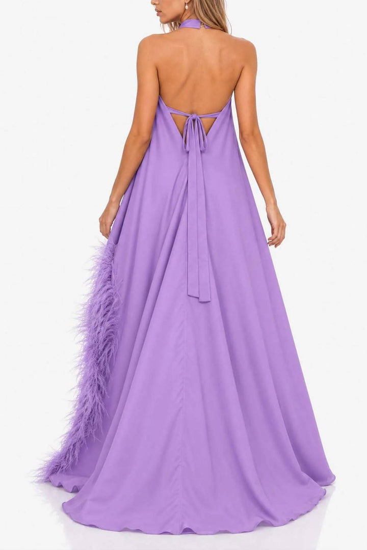 Halter-neck Feather-trimmed High-slit Long Evening Gown