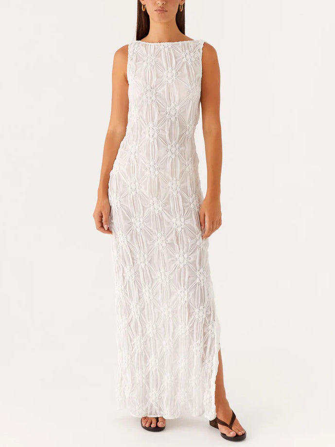 Exquisite Texture Floral Micro-perspective Slit Maxi Dress