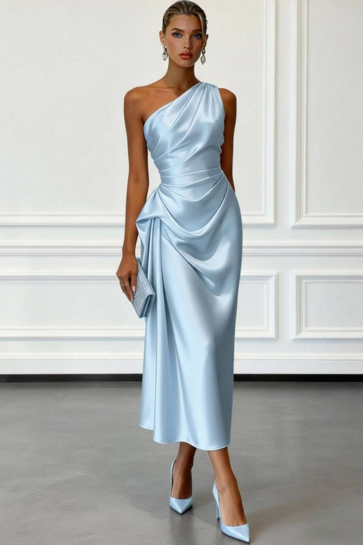 Slanted Collar Pleated Design Midi Dress