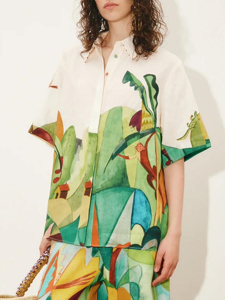 Unique Modern Linen Abstract Print Button-Up Shirt And Loose Wide-Leg Pants Set