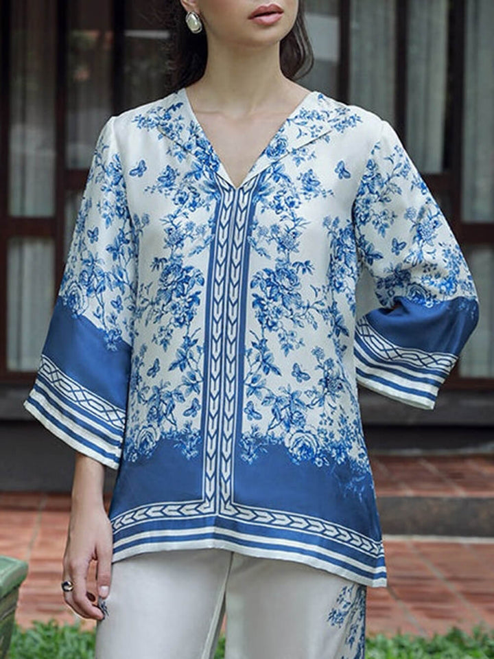 Classic Floral Print Patchwork Collared Loose Shirt