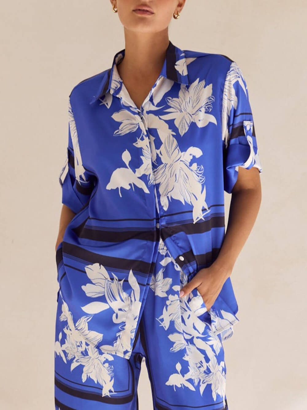 Casual Unique Satin Floral Print Elastic Waistband Drawstring Pocket Wide Leg Pants
