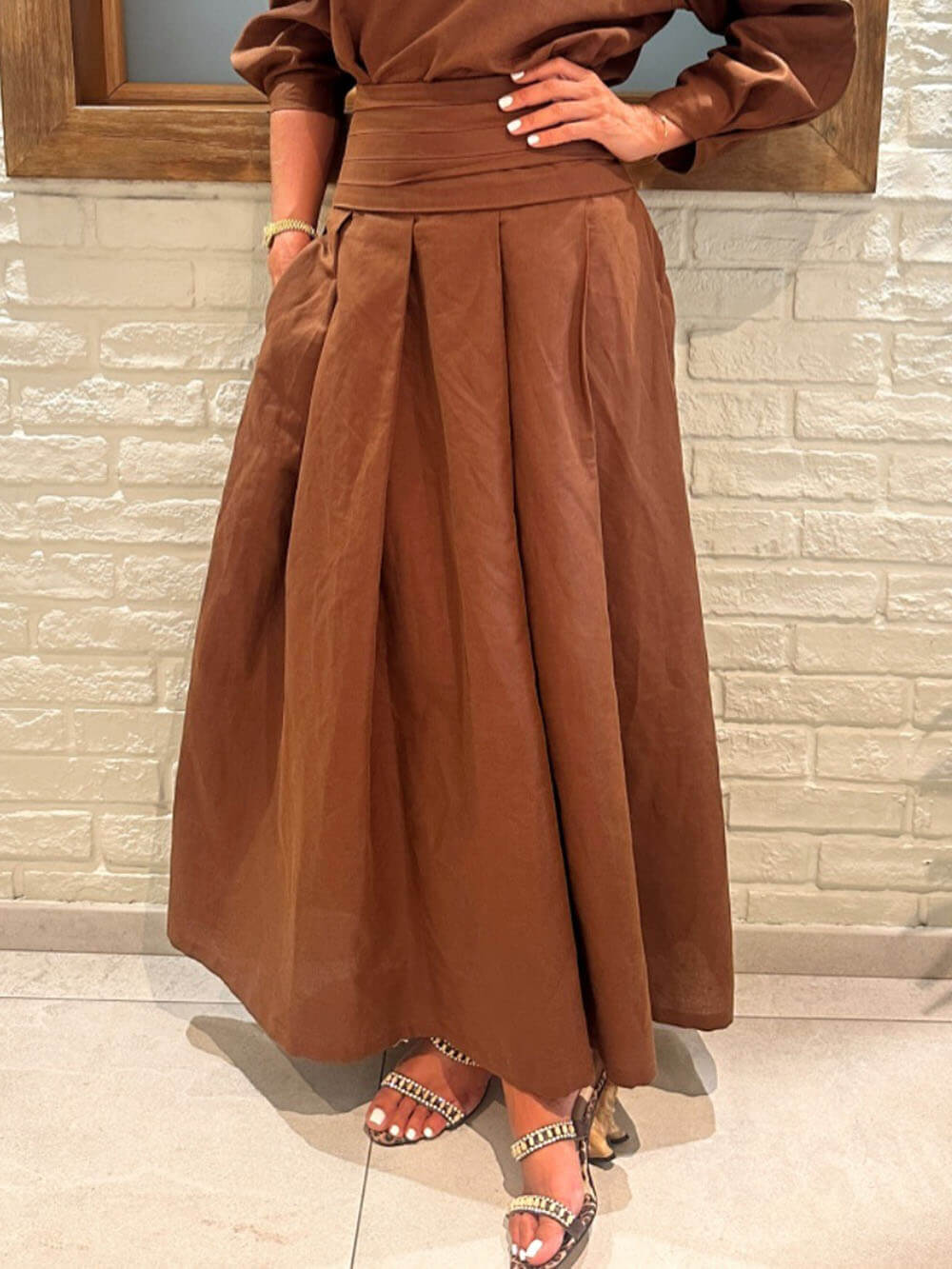Retro Linen Pleated Pocket Loose Skirt