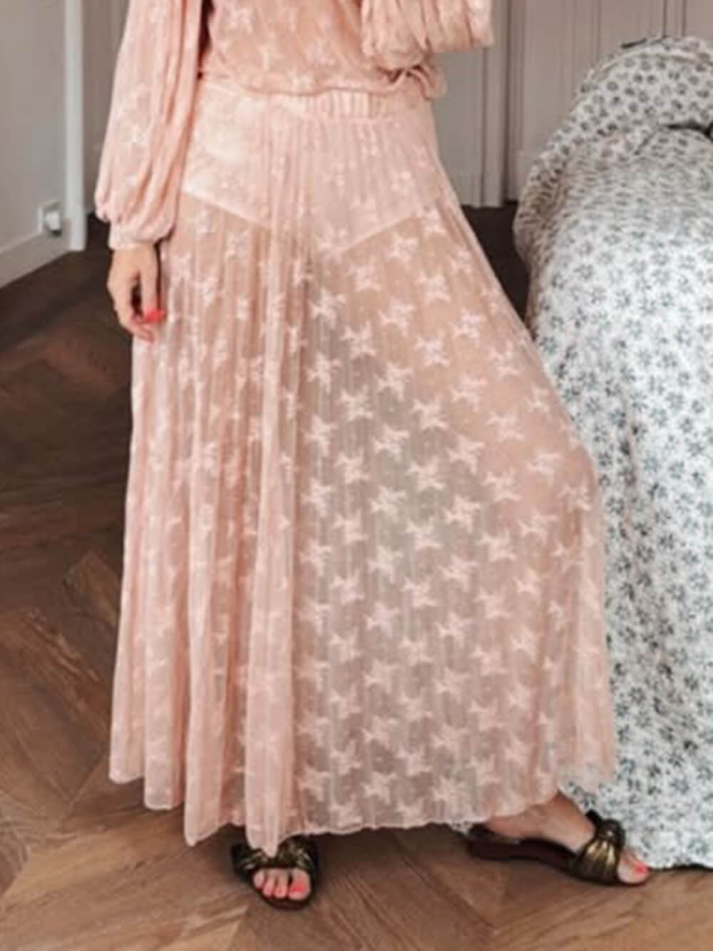 Elegant Mesh Ruffled Lace High-Neck Blouse & Elastic Waist Skirt Set