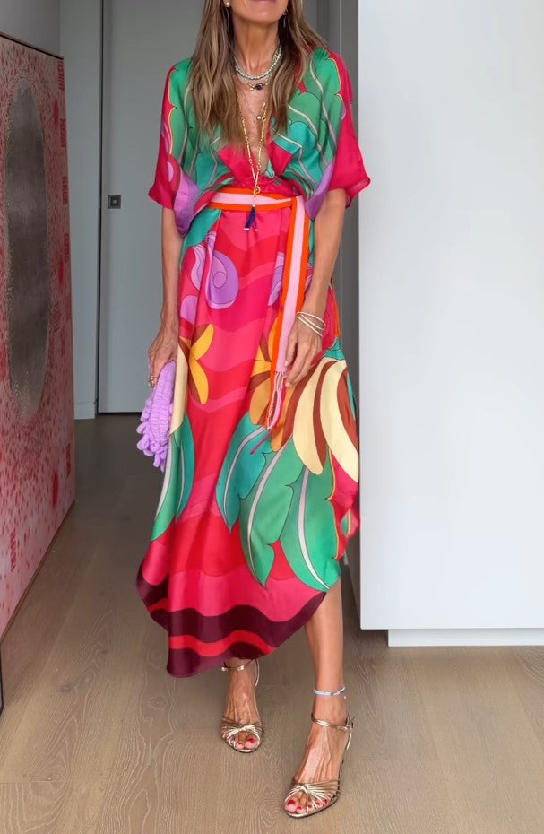 Colorful Tropical Print Wrap Midi Dress Bohemian Short Sleeve Belted Flowy Midi Dress