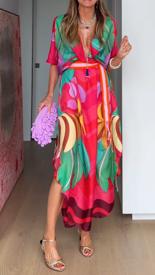 Colorful Tropical Print Wrap Midi Dress Bohemian Short Sleeve Belted Flowy Midi Dress