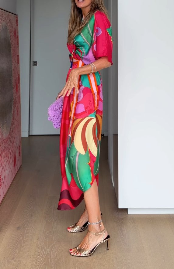 Colorful Tropical Print Wrap Midi Dress Bohemian Short Sleeve Belted Flowy Midi Dress