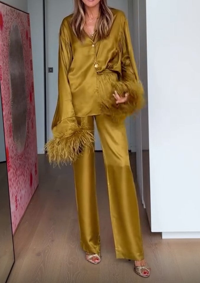 Gold Satin V Neck Feather Cuff Blouse Wide Leg Pants Women Suit