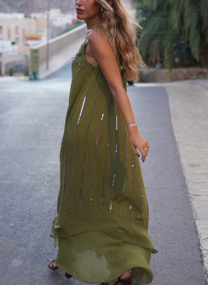Olive Green Beaded Sequin Maxi Dress V Neck Sleeveless Evening Party Dress