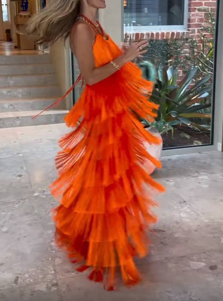 Orange Tiered Fringe Spaghetti Strap Maxi Party Dress