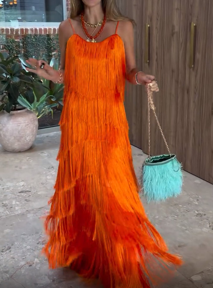 Orange Tiered Fringe Spaghetti Strap Maxi Party Dress