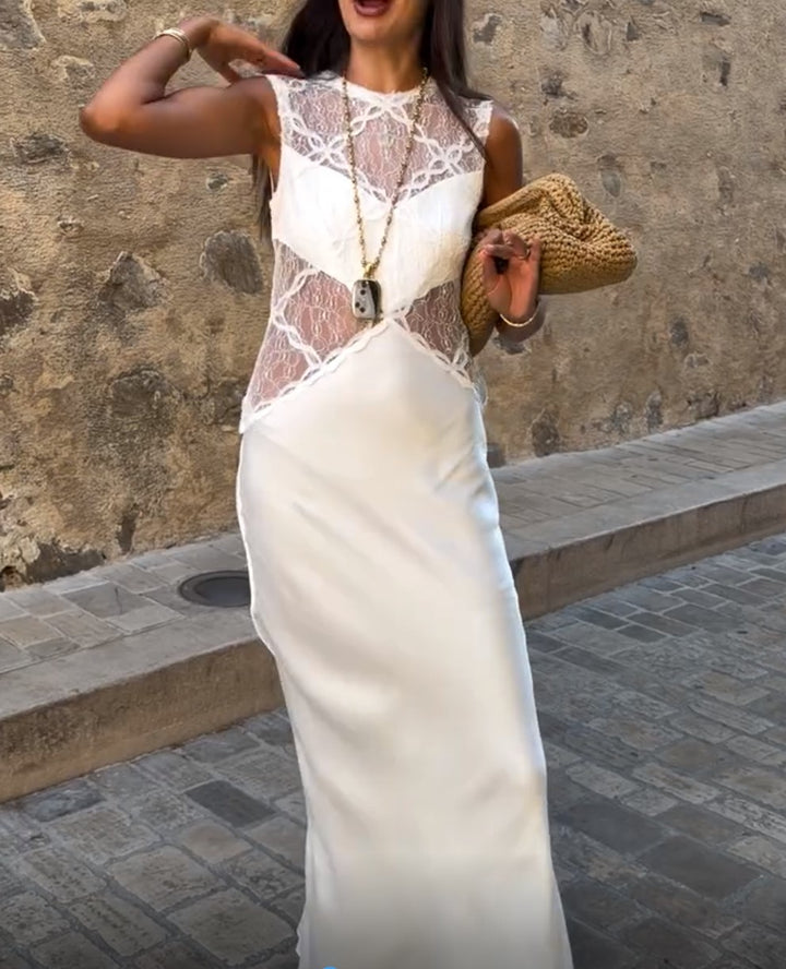 White Satin Lace Cutout Sleeveless Maxi Dress