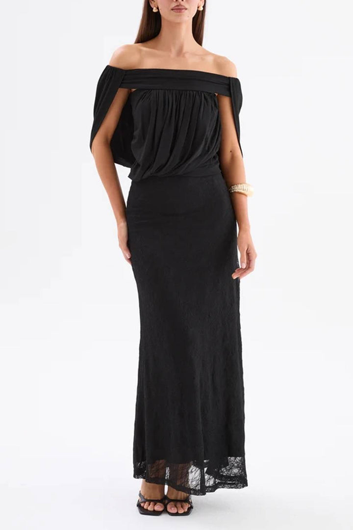Off‑Shoulder Cape‑Sleeve Draped Mixed Lace Slit Maxi Evening Dress