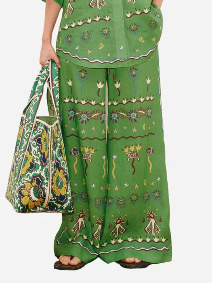 Unique Casual Sun Dancer Print Elastic Waist Loose Pocket Wide-Leg Pants