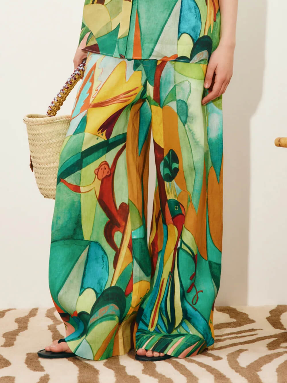 Unique Modern Linen Abstract Print Button-Up Shirt And Loose Wide-Leg Pants Set