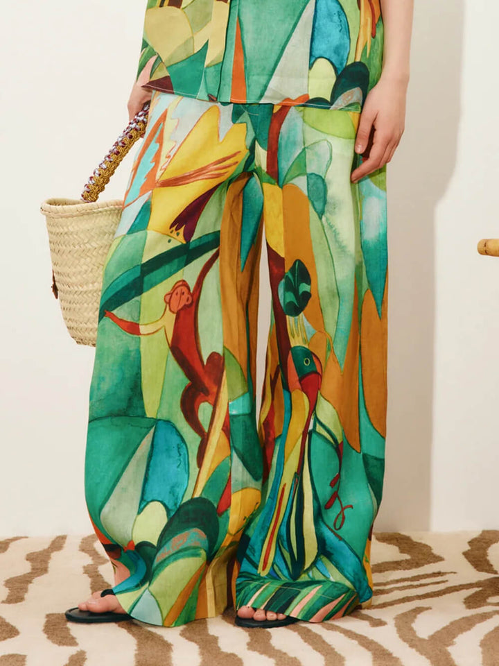 Unique Modern Linen Abstract Print Button-Up Shirt And Loose Wide-Leg Pants Set