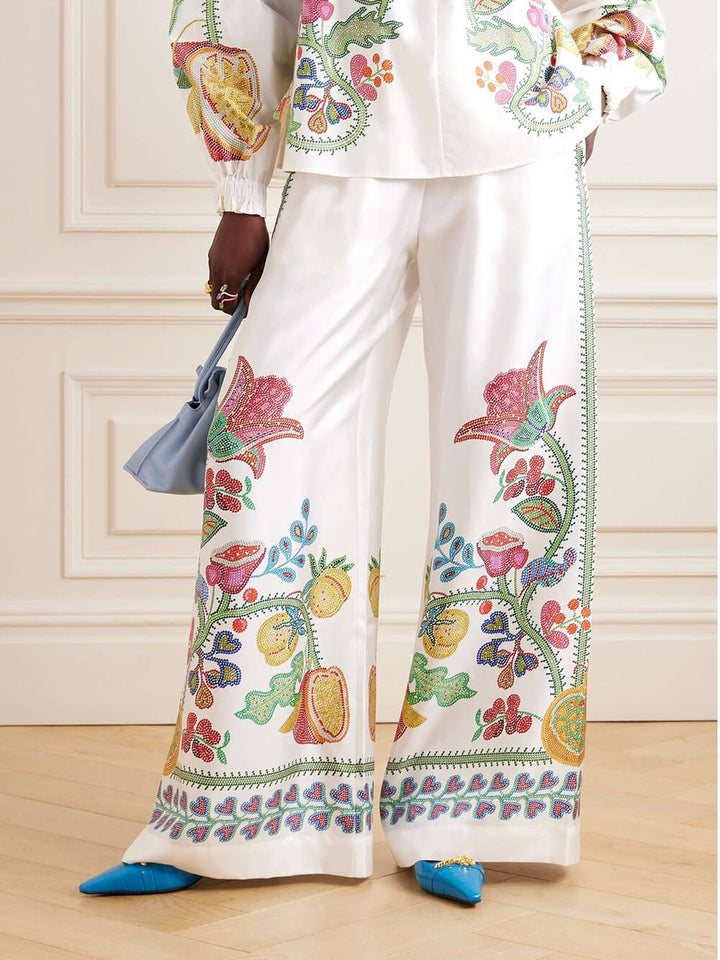 Unique Bow Tie Neck Floral Satin Ruffle Loose Blouse
