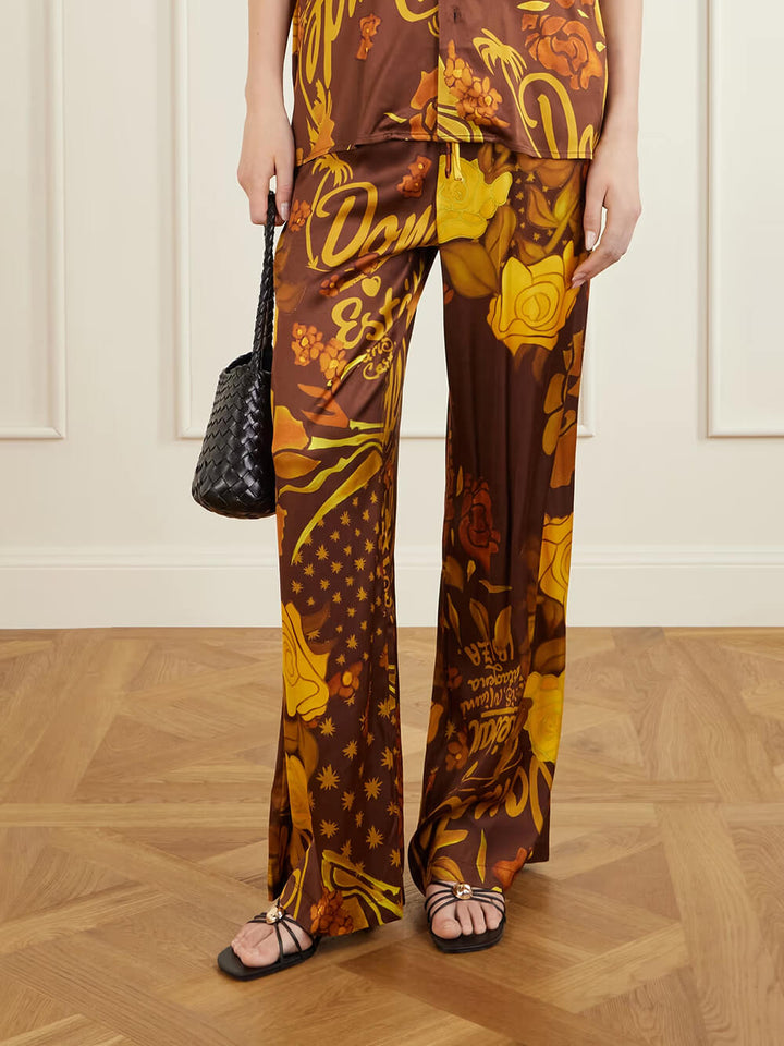 Unique Printed Satin Button-Down Loose Shirt