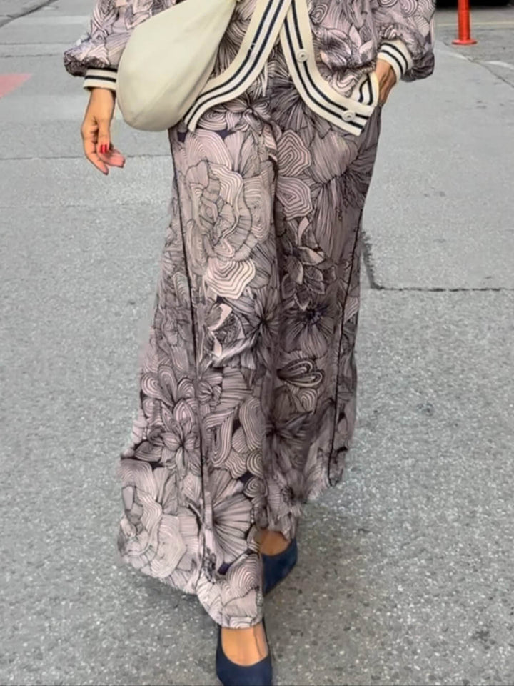 Unique Floral Print Ribbon Spliced V-Neck loose Blouse