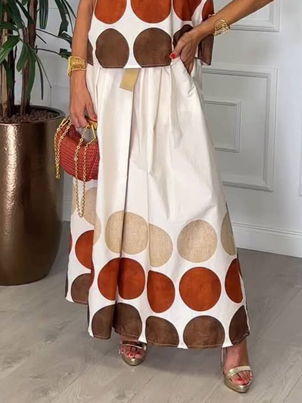 Retro Unique Round Print Pocket Pleated Flared Pants