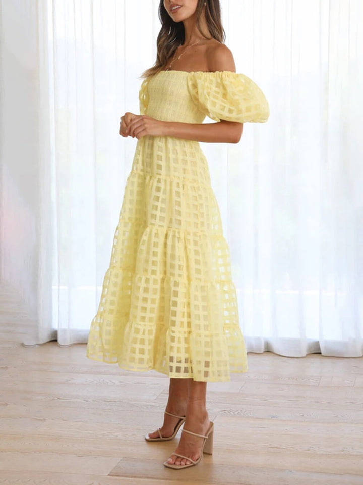 Fashionable One-Shoulder Chiffon Puff Sleeve Swing Midi Dress