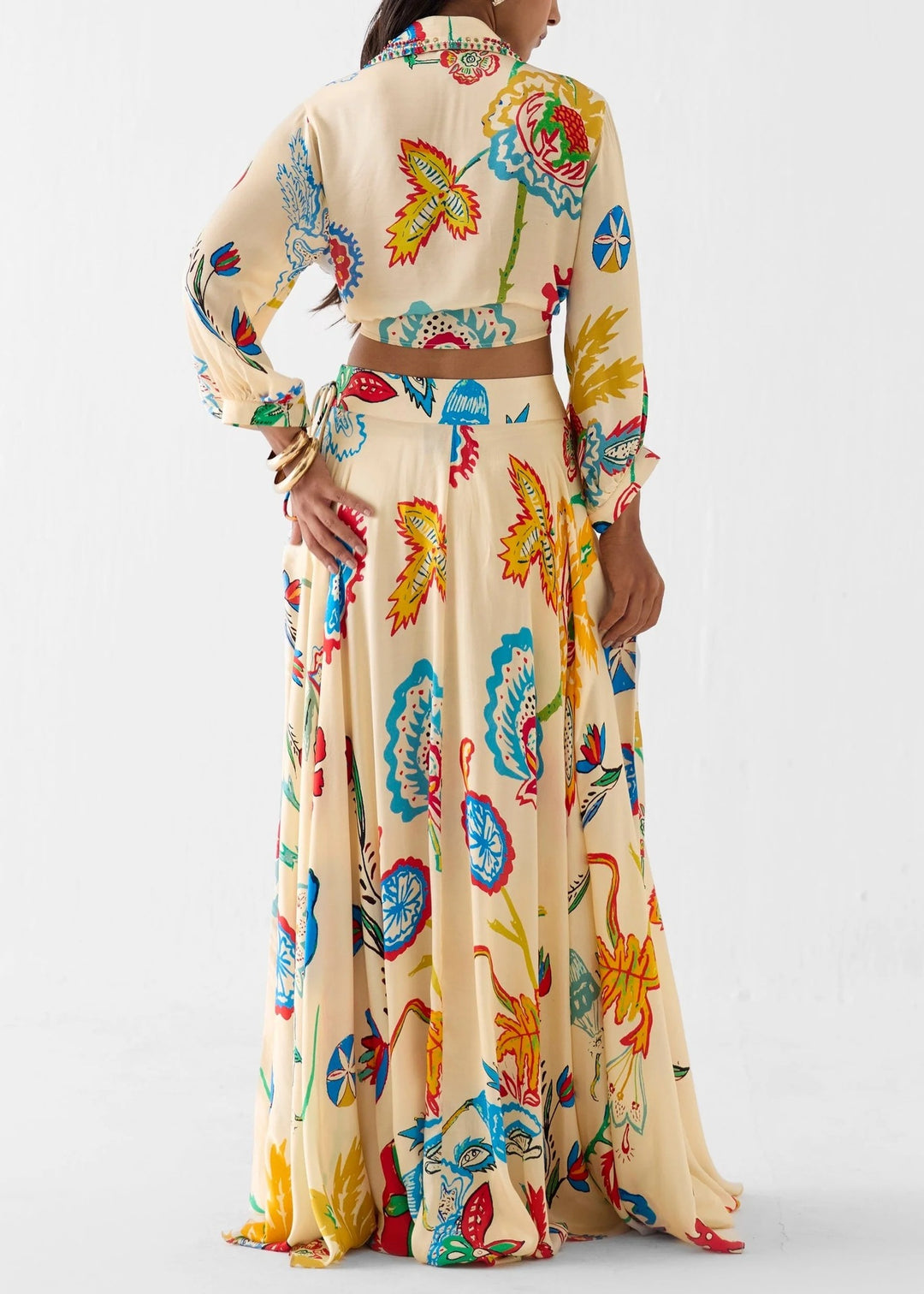 Colorful Floral Tie‑Front Shirt & Maxi Skirt Set Women Cutout Long Sleeve Two‑Piece Outfit
