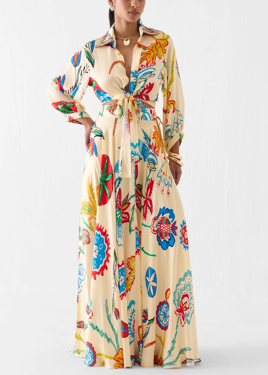 Colorful Floral Tie‑Front Shirt & Maxi Skirt Set Women Cutout Long Sleeve Two‑Piece Outfit