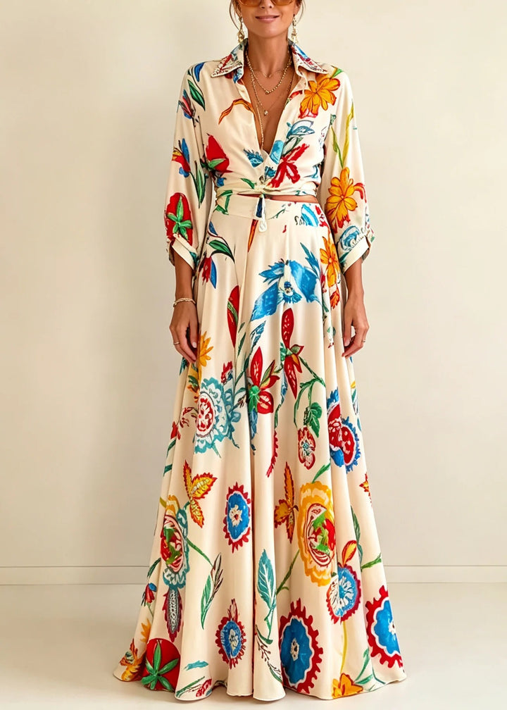 Colorful Floral Tie‑Front Shirt & Maxi Skirt Set Women Cutout Long Sleeve Two‑Piece Outfit
