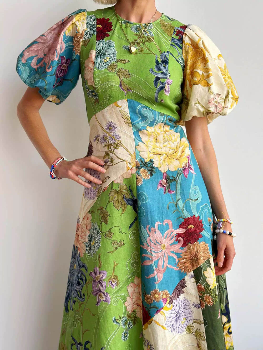 Casual Personalized Graffiti Print Lantern Sleeve Round Neck Linen Maxi Dress