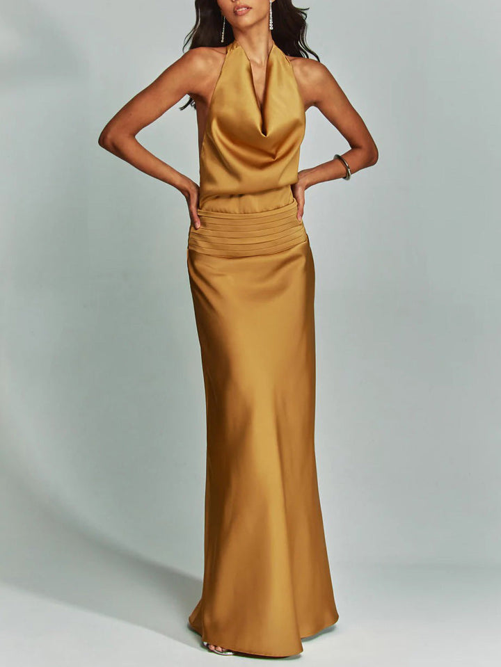 Elegant Chic Halter Neck Satin Party Maxi Dress