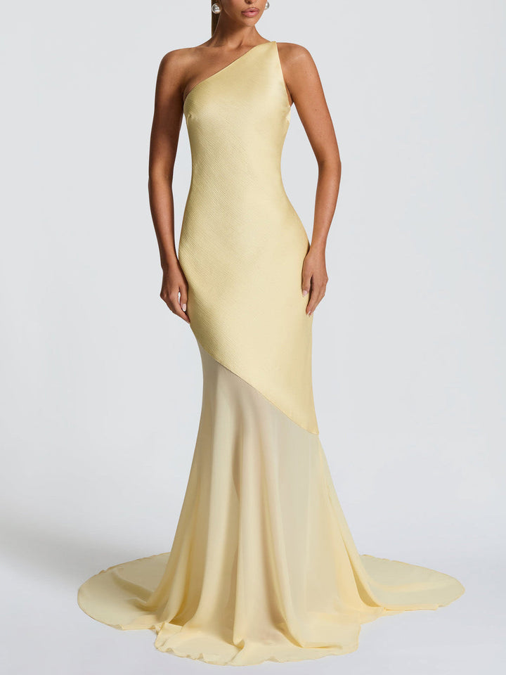 Elegant One Shoulder Sheer Hem Maxi Dress
