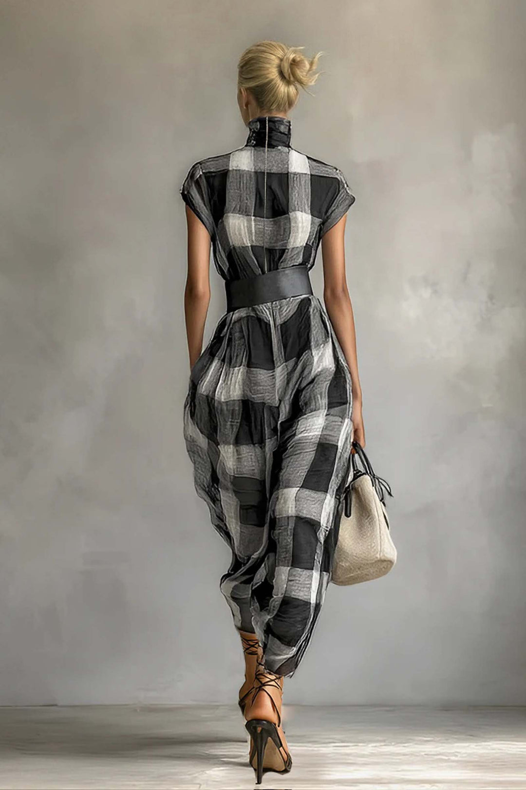 Checked Pattern Stand-Collar Short-Sleeved Dress