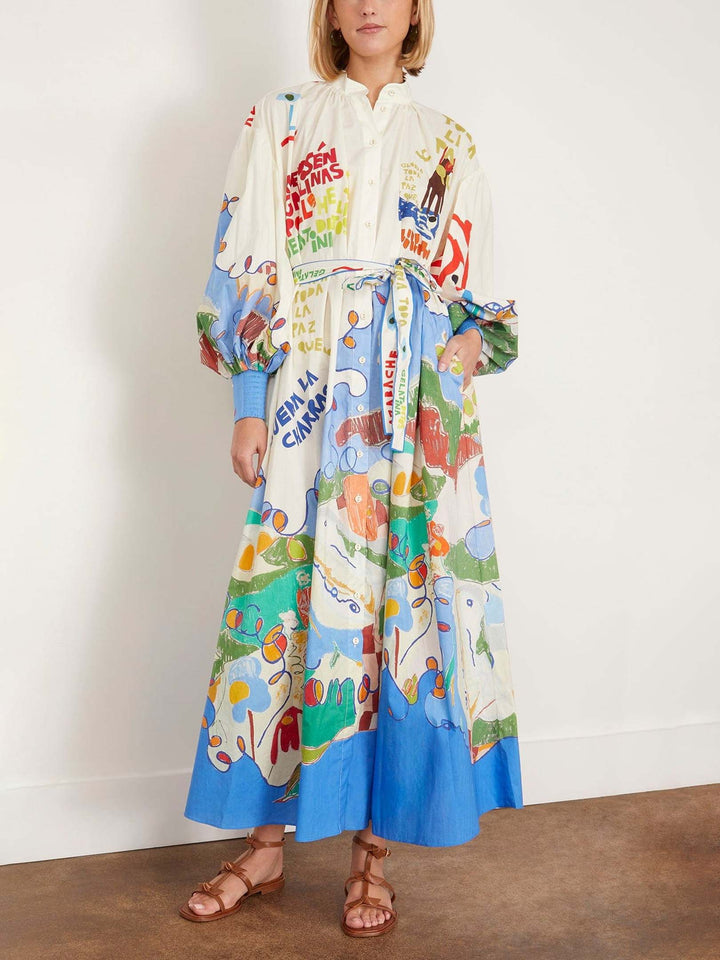 Unique Island Painted Print Shirt-style Maxi Dress