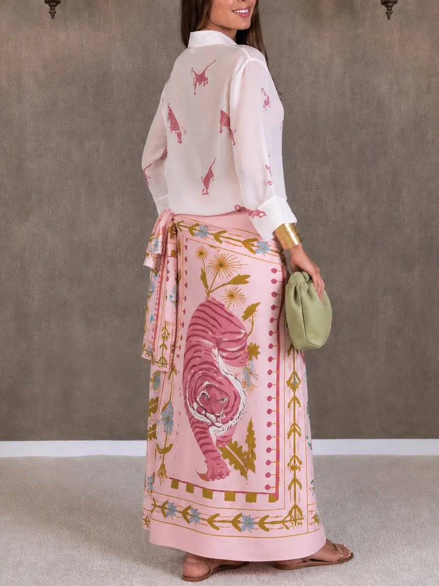 Vintage Bold Print Shirt & Lace-Up Skirt Two-Piece Set