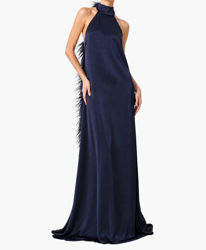 Elegant Halter Neck Satin Gown With Feather Trim
