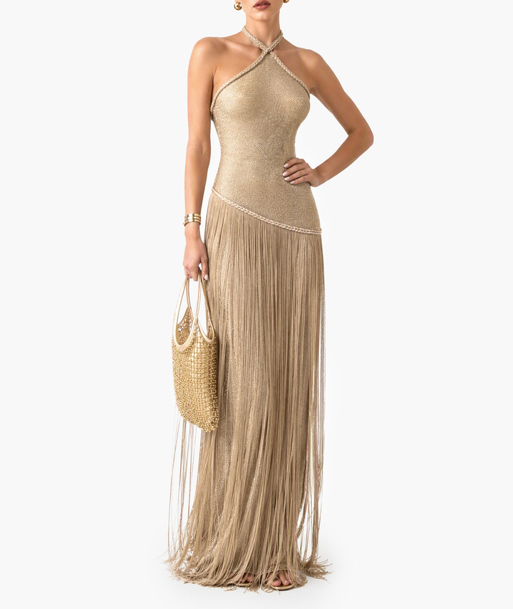 Glamorous Gold Halter Neck Fringe Maxi Dress