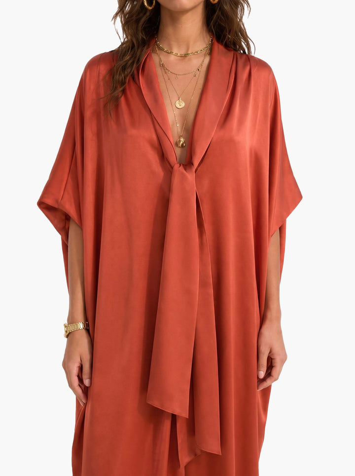 Ochre Silk Wrap Caftan Dress – Bohemian Luxe Resort Wear With V-Neck & Draped Tie Front